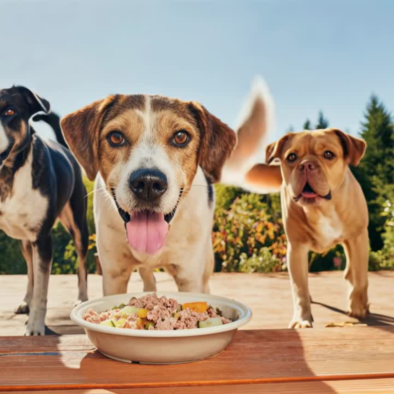Schüssel mit Trockenfutter, Brokkoli, Karotten und Zucchini auf Holzuntergrund.