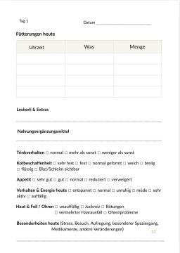 Beispielsweise aus dem Futtertagebuch Beispielseite aus dem Futtertagebuch – tägliche Eintragung von Fütterung, Verdauung und Verhalten