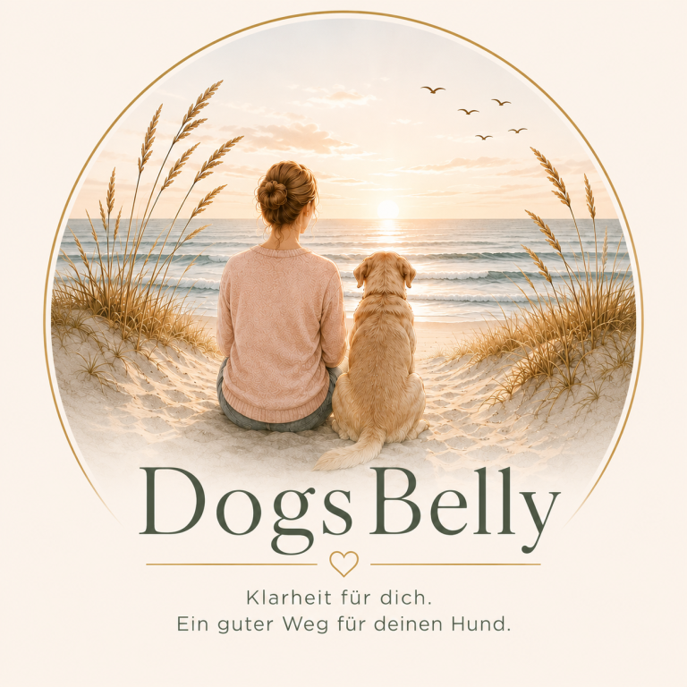 Eine Person mit Hund sitzt am Strand und schaut auf das Meer bei Sonnenuntergang.